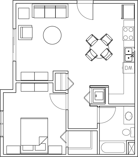Floor plan for 1 bed, 1 bath, 697 sqft